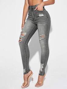 SHEIN ICON Women's Casual Skinny Jeans With Ripped Pockets And Holes - Light Grey - View 4