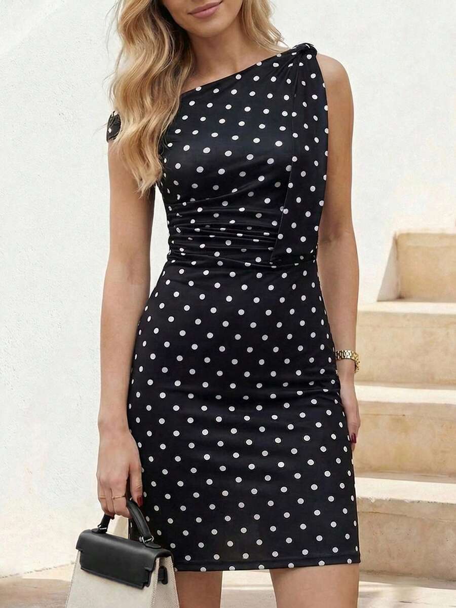 Editum Đầm ngắn thời trang nữ in chấm bi, xếp ly, vai lệch, kiểu dáng bất đối xứng. - Nhiều màu - Xem 1