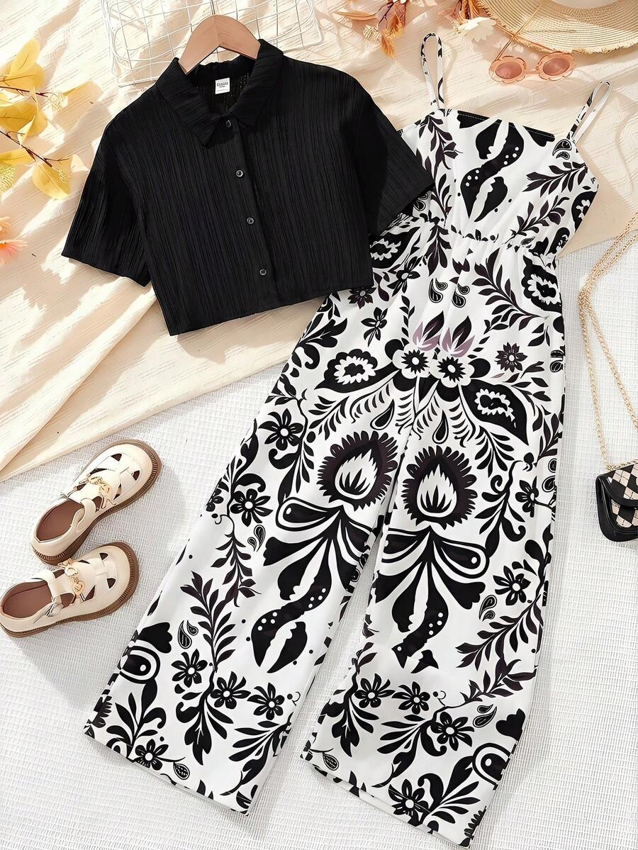 SHEIN 2pcs/Set Tween GirlsCollared Shirt With Leaf Print Jumpsuit - Multicolor - View 1