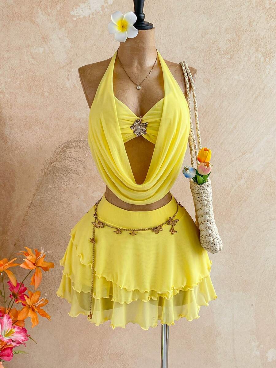 Soleia 女士日落渐变深V领花卉金属扣装饰吊带上衣+多层荷叶边迷你裙两件套,休闲假日海滩邮轮度假,四季皆宜,适合音乐节、波西米亚风度假 - 黃色 - 查看 1