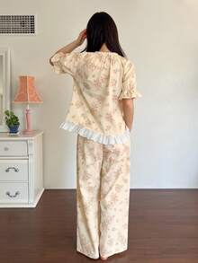 DAZY 两件套花卉刺绣荷叶边宽松睡衣套装，春季女士睡衣 - 卡其色 - 查看 2