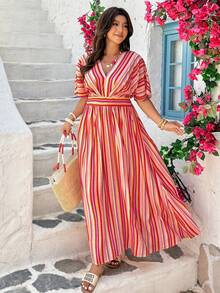 Vionelle Plus Size Orange V-Neck Cinched Waist Dress,Summer,Boho,Vacation,Holiday Women Resort Wear Beach Vacation Cover Up Cabo Outfits Beachwear - Multicolor - View 6