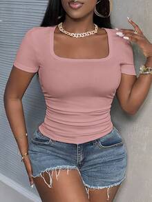 SHEIN Slayr 97% Cotton Ribbed Casual Basic Summer Round Neck Short Sleeve Fitted Side Ruched Ribbed Stretch Pink Women T-Shirt,Pink Top - Pink - View 5