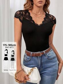 SHEIN Tall Contrast Lace Scallop Trim Tee Black Top - Black - View 8