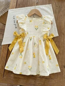 LMoss Kids 女婴编织花卉图案圆领荷叶边下摆休闲连衣裙 - 彩色 - 查看 4