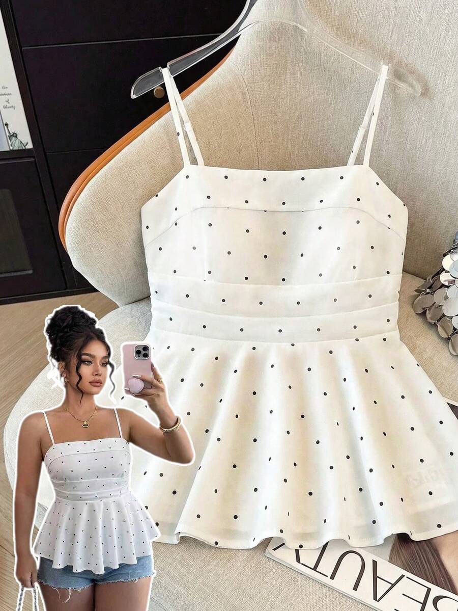 SHEIN Unity Áo hai dây cỡ lớn in họa tiết chấm bi - trắng - Xem 1