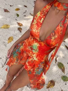 Bonvoyette 夏季新款性感吊带露背镂空吊带背心和浪漫印花荷叶边不对称长裙两件套 - 彩色 - 查看 2