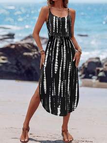 SHEIN LUNE 女式夏季透气扎染修身吊带开衩连衣裙 - 黑色 - 查看 4