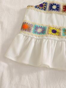 Elladie kids 女童休闲度假3D立体花卉钩编蕾丝边吊带背心搭配弹力腰带阔腿裤套装，夏季度假休闲优雅可爱通勤装 - 白色 - 查看 7
