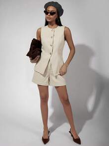 COSMINA Women's Metal Single-Breasted Vest And Denim Shorts Set - Apricot - View 6