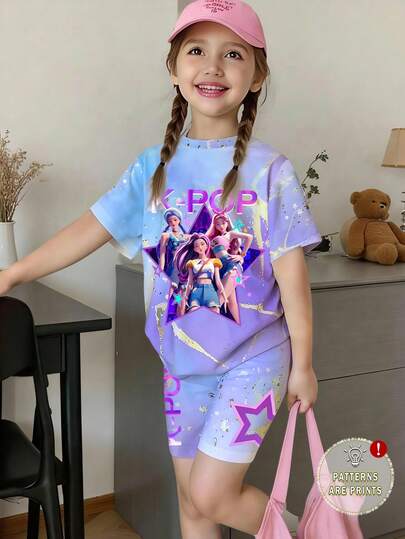 女团渐变紫色韩流女团服装，夏季轻薄款，星形印花短袖上衣+紧身短裤