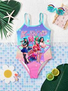 Young Girl Letter & Cartoon Print One-Piece Swimsuit, Suitable For Beach Vacation, Pool Party, Beach Party - Multicolor - View 2