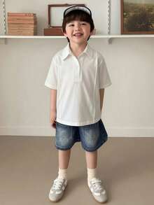 Hapijoa Young Boy Summer Casual Solid Color Short Sleeve T-Shirt - White - View 3