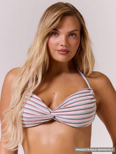 MUSERA Plus Size Striped Twist Detail Halterneck Bikini Top Only Summer Swim Beach Vacation Everyday Sexy Cute Travel Bambola