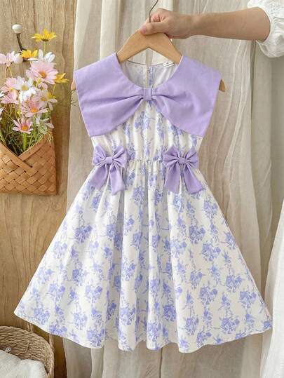 Souflis Souflis 1件女童夏季新款粉色缎面蝴蝶结领编织蝴蝶提花面料腰部松紧腰甜美可爱时尚休闲优雅公主风中长连衣裙，适合派对/生日/表演