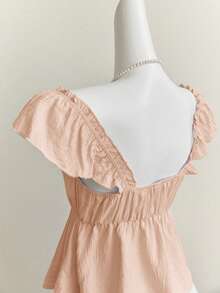 Elamini Áo hai dây croptop cổ thấp hở lưng gợi cảm viền bèo nhún màu xanh dương của cô nàng Mori Girl - Màu Hồng  San hô - Xem 7