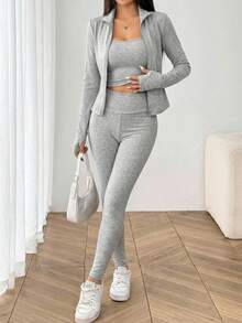 SHEIN EZwear 女士灰色花卉针织长袖上衣和紧身裤运动套装 - 彩色 - 查看 5