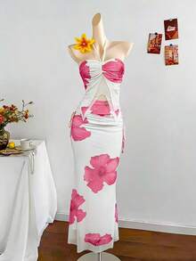 Franclia White Summer Boho Sexy Vacation Holiday Two Pieces Dress, Strapless Sleeveless Floral Print Mesh Ruffle Bohemian Tropical Wedding Golf Guest - White - View 3
