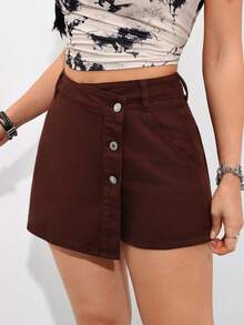 SHEIN PETITE Women's Button Casual Streetwear Versatile Daily Wear Denim Skorts, Petite Everyday Dark Brown Summer - Brown - View 3