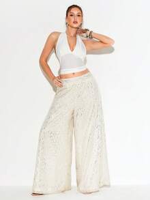 Femmeiva 女士亮片阔腿宽松时尚裤 - 杏色 - 查看 5