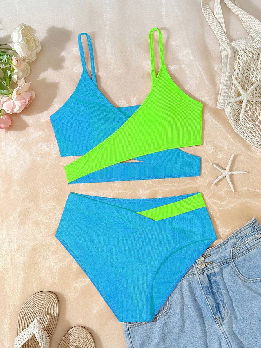 Bộ bikini dành cho thiếu nữ, phối màu xanh dương và xanh lá cây, kiểu dáng hai mảnh buộc cổ chéo, đồ bơi thời trang, thanh lịch, phù hợp cho bơi lội, bãi biển, hồ bơi, kỳ nghỉ hè, lễ hội. - Nhiều màu - Xem 1