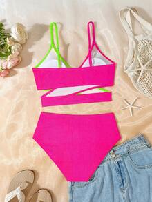 SHEIN Teen Girls Bikini Sets,Multicolor Patchwork Knit Fabric,Criss-Cross Front Design,2-Piece Swimwear,Kawaii Neon Bathing Suits For Summer Beach Holiday - Multicolor - View 2