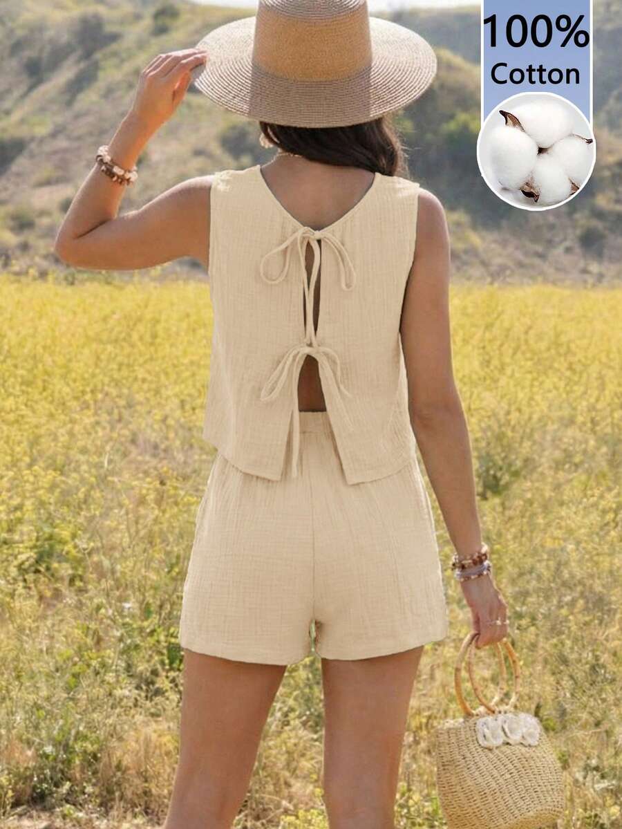 Boho Mama 孕妇纯色系带背心和可调节腰带短裤休闲两件套 - 杏色 - 查看 1