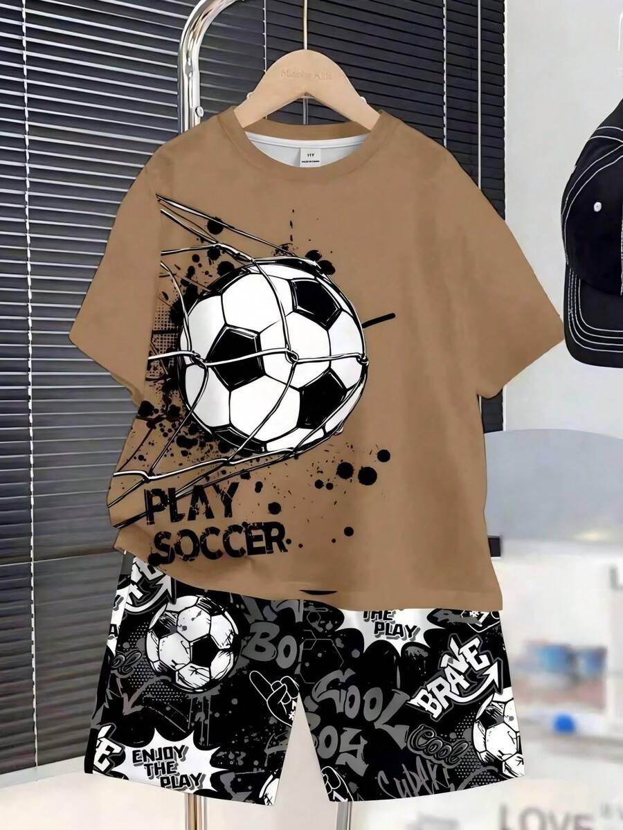 Tween Boy Summer Casual Short Sleeve T-Shirt And Shorts 2 Pieces Lounge Pajama Set Soccer Clothes Gym Clothes For Kids Sport Wear For Kids Soccer Jersey For Kids Boy Clothes - Multicolor - View 1