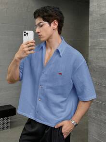 EASEVO Plus Size Men's Casual Solid Color Short Sleeve Shirt, Summer - Blue - View 3