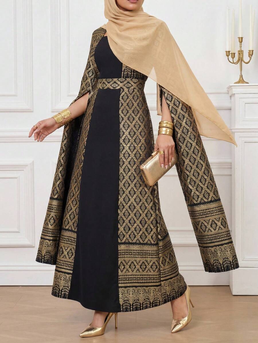Calvaya Modisches minimalistisches Maxikleid für Damen mit quadratischem Ausschnitt, langen Laternenärmeln, Folienprint, für Frühling & Sommer, eleganter Herbststoff - Schwarz - Übersicht 1