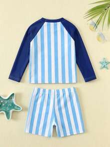 LMoss Kids Baby Boy Cute Crab Pattern Blue Striped Contrast Color Long Sleeve Swimsuit And Swim Trunks Set, Suitable For Vacation, Beach, Surfing Baby Bathing Suits - Blue - View 2