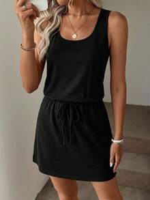 SHEIN LUNE Đầm ngắn 2 trong 1 màu đen phong cách đường phố tối giản, chất liệu cotton, thích hợp cho nữ mùa hè. - Nhiều màu - Xem 5