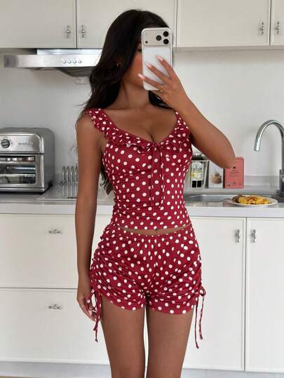 ZzzCrew Polka Dot Print Camisole & Ruffle Hem Drawstring Shorts Pajama Set For Women, Sexy Style
