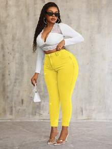 SHEIN SXY Plus Size Pearl Decor Stretchy Blue Denim Skinny Pants - Yellow - View 6