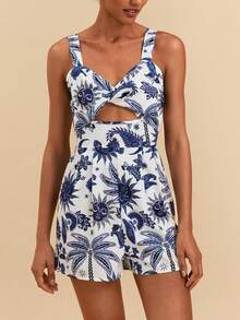 Travachic Women's Summer Beach Vacation Tropical Print Twist Front Hollow Out Camisole Romper - Multicolor - View 3