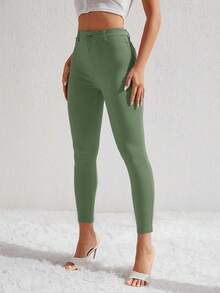 Pantalones ajustados recortados de cintura alta en unicolor para mujer - Verde militar - Ver 5