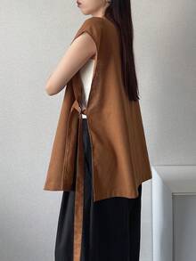 FRIFUL Women's Loose Solid Color Lapel Summer Blazer Office Shades Of Brown Business Casual Western Outfits For Women - Orange - View 4