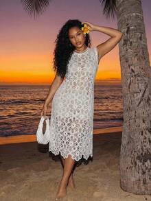 BamGleam Women's Casual Daily Wear Hollow Lace Design Long Blouse - White - View 5