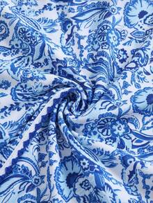 SHEIN Conjunto de bikini de 2 piezas con cuello de halter y ribete a rayas para adolescentes y mujeres, traje de baño de verano para vacaciones, traje de baño modesto de playa azul con estampado floral para adolescentes - Azul - Ver 5