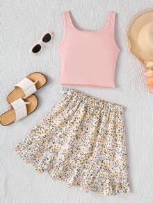 SHEIN Tween Girl Casual Minimalist Comfortable Round Neck Sleeveless Ruffle Hem 2 Pieces Set - Pink - View 2