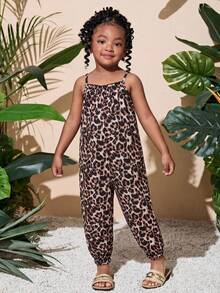 SHEIN 少女度假休闲豹纹连体裤，时尚编织豹纹吊带连体裤 - 彩色 - 查看 4