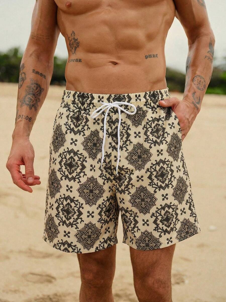 Surfspeed 男士休闲印花口袋抽绳沙滩短裤 男士休闲短裤 男士时尚设计师短裤 男士沙滩短裤,假日 - 彩色 - 查看 1