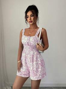 Selianne Women's Summer Blue & White Printed Backless Ruffle Cinched Waist Casual Vacation Jumpsuit - Pink - View 5