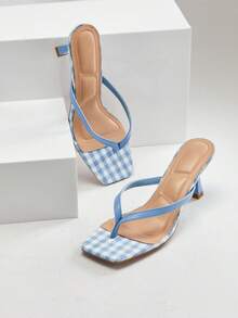 SHUZIA 女士舒适格纹面料小猫跟方头人字拖凉鞋 - 藍色 - 查看 5