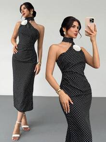 SHEIN Women's Elegant Sleeveless Floral Decor Polka Dot Print Dress - Black and White - View 1