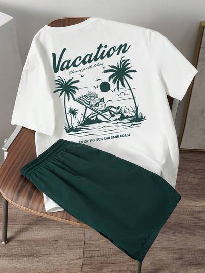 Manfinity Joysei Men's Fitted Palm Tree & Pineapple Print White Knit Top And Green Woven Shorts Set, Exuding Holiday Vibe, Suitable As Gift For Boyfriend
