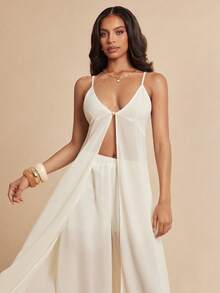 Silquee Women's Cream Ivory White Long-Strapped Tank Top,Sheer Slit Design Flowing Chiffon Hem,Summer Casual Vacation Holiday Beach Party Sophisticated - Apricot - View 5