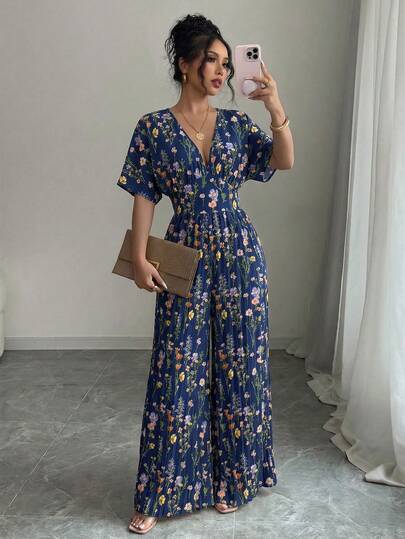 Elenzga Printed Deep V-Neck Batwing Sleeve Pleated Elegant Women Jumpsuit