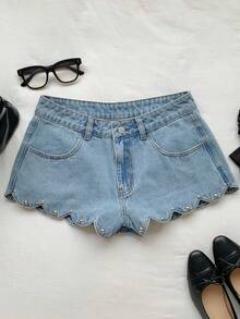 SHEIN MOD 女士水钻装饰拉链口袋弧形下摆牛仔短裤 - 淺色水洗藍 - 查看 5