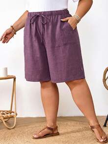 SHEIN CURVE+ Quần short nữ cỡ lớn màu đen có dây rút ở eo, túi, chất liệu vải lanh, kiểu dáng thường ngày, thích hợp mặc mùa hè, trang phục mùa xuân cho nữ, trang phục đi nghỉ mát, trang phục mùa hè/đồng quê/bãi biển cho nữ, trang phục đi biển. - Màu tím - Xem 7